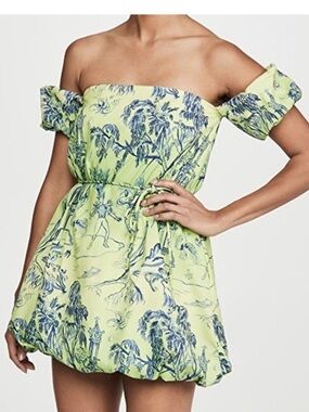 STAUD Ash Dress Off-shoulder Mini Dress in Lime, Bubble Hem